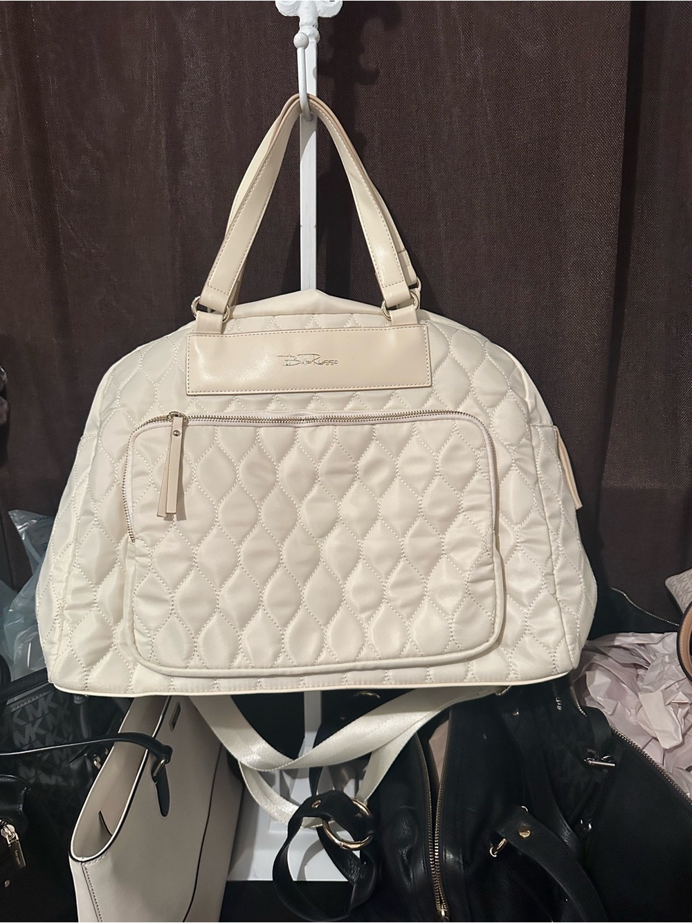 Quilted Cream Travel Tote with Front Zip Pocket